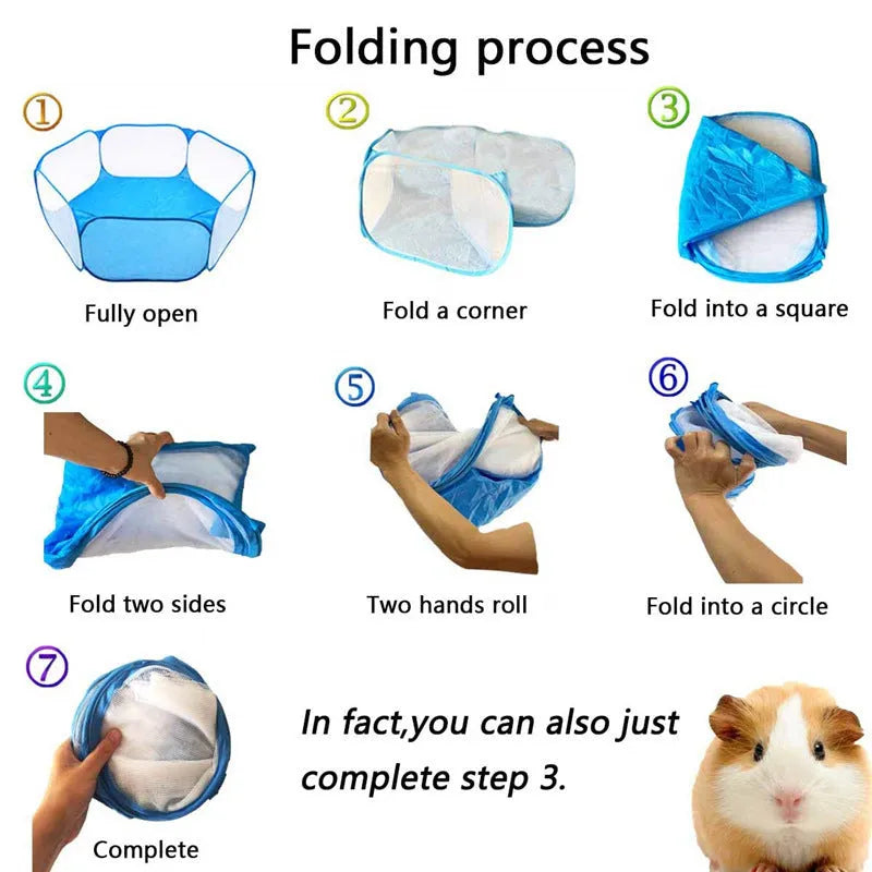 Portable small animal playpen with transparent mesh, polyester cloth, 120cm x 38cm, folds to 8.6 inches.
