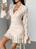 New lace V-neck double-layer ruffled slim-fit mermaid dress in apricot with flower pattern
