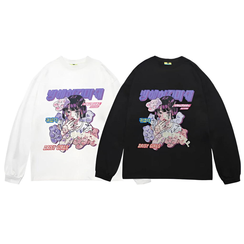 Comic print long sleeve t shirt for men and women in black or white, cotton, sizes M L XL