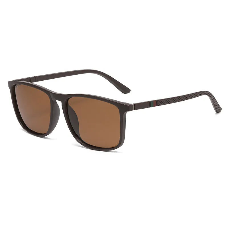 Sports driving polarized sunglasses with black frame and black grey TAC lens on reflective surface
