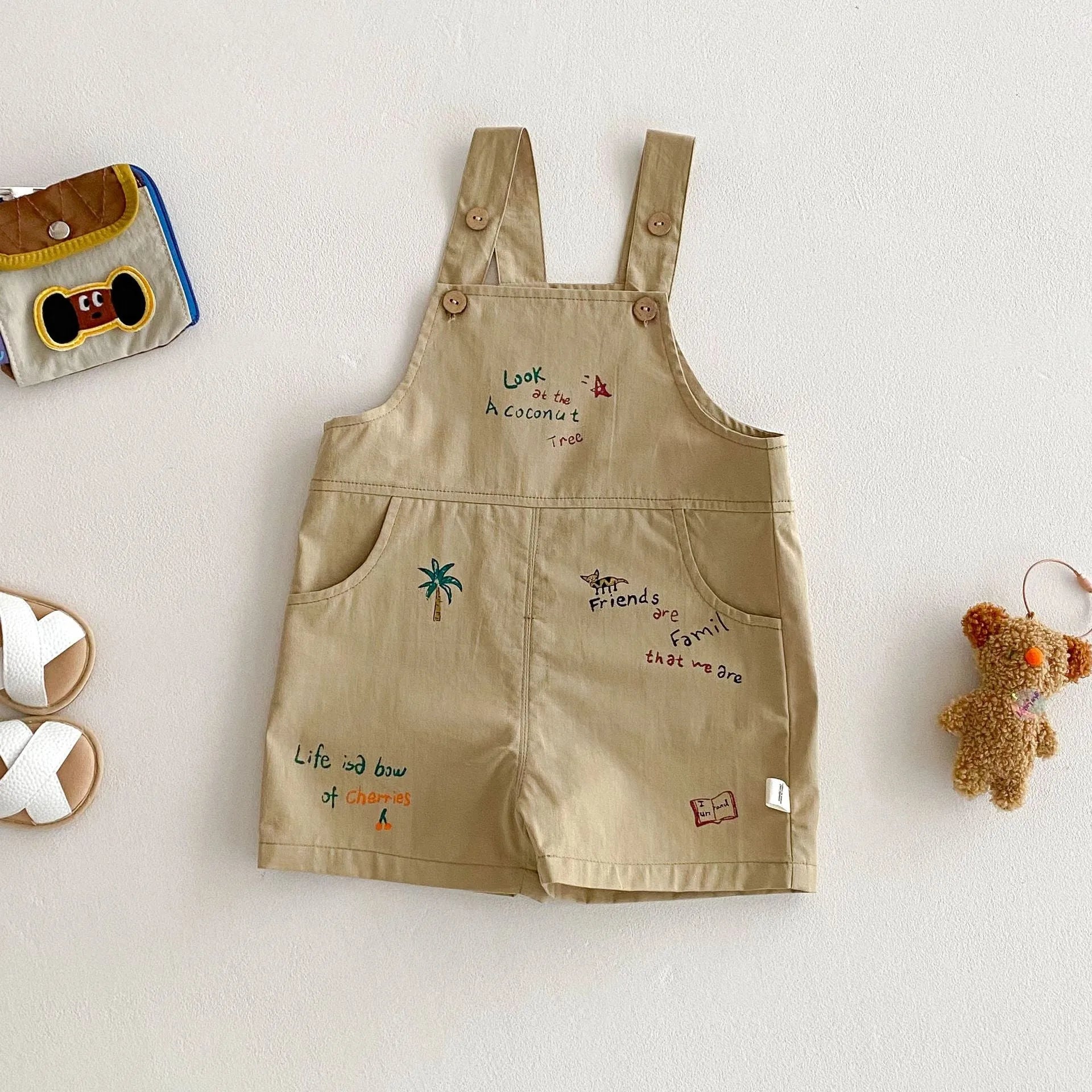Baby cartoon suspender pants and t-shirt set in Korean style, cotton fabric, available in multiple colours for boys and girls