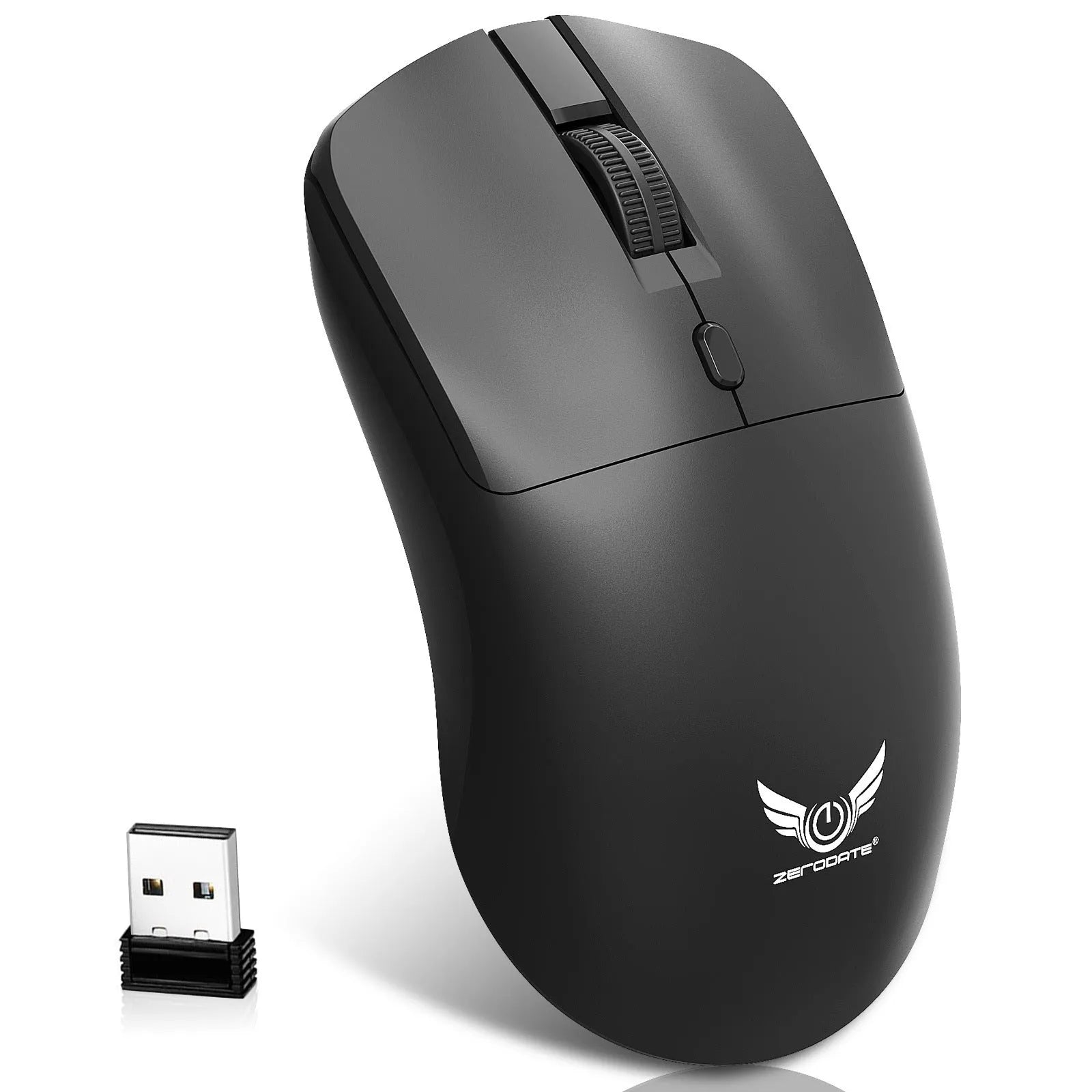 Black wireless computer mouse with three buttons including audio feedback feature