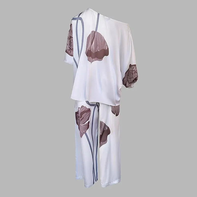 White printed top and straight-leg pants casual fashion set on model