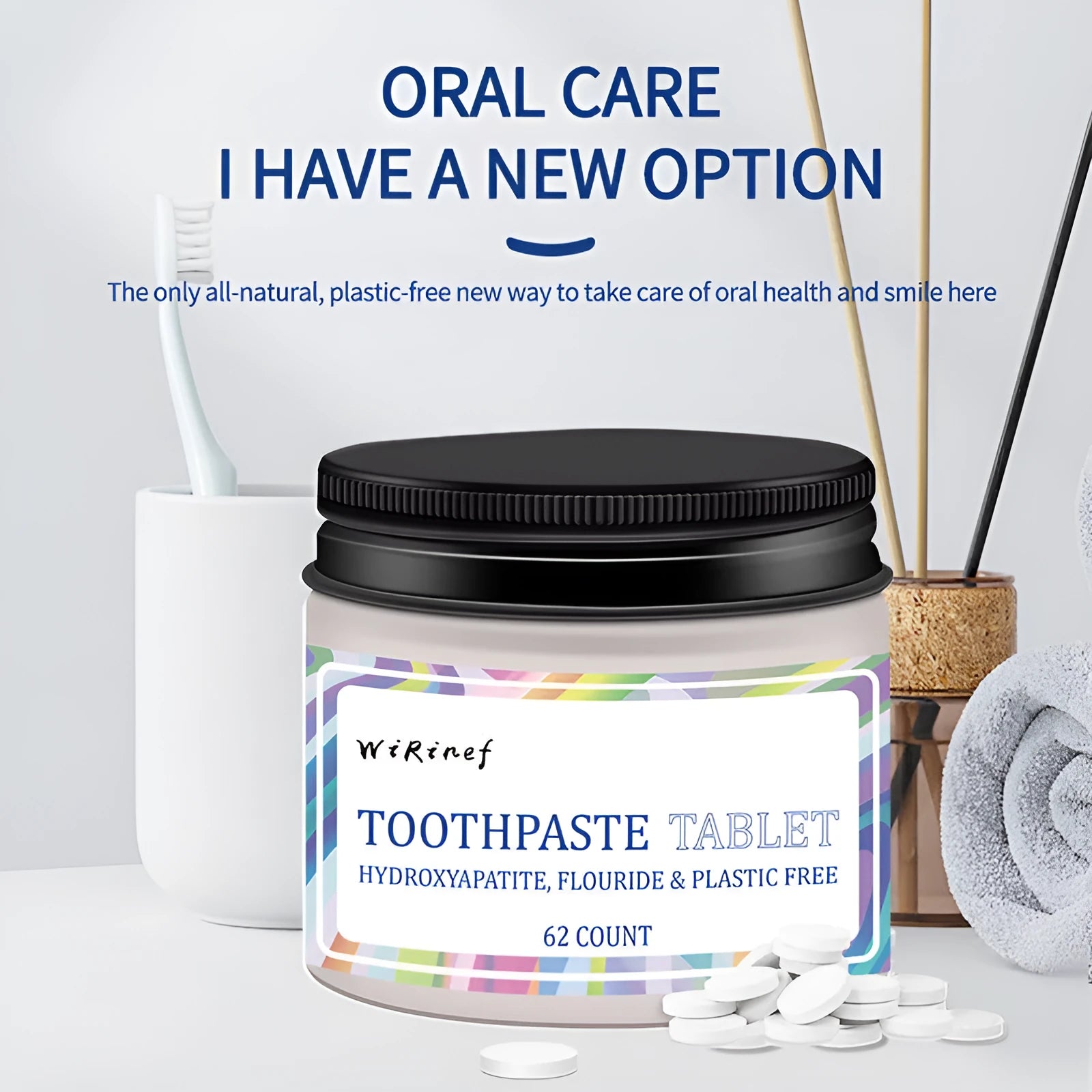 Portable toothpaste tablets in solid TP19 formulation, 62-piece pack for travel oral hygiene