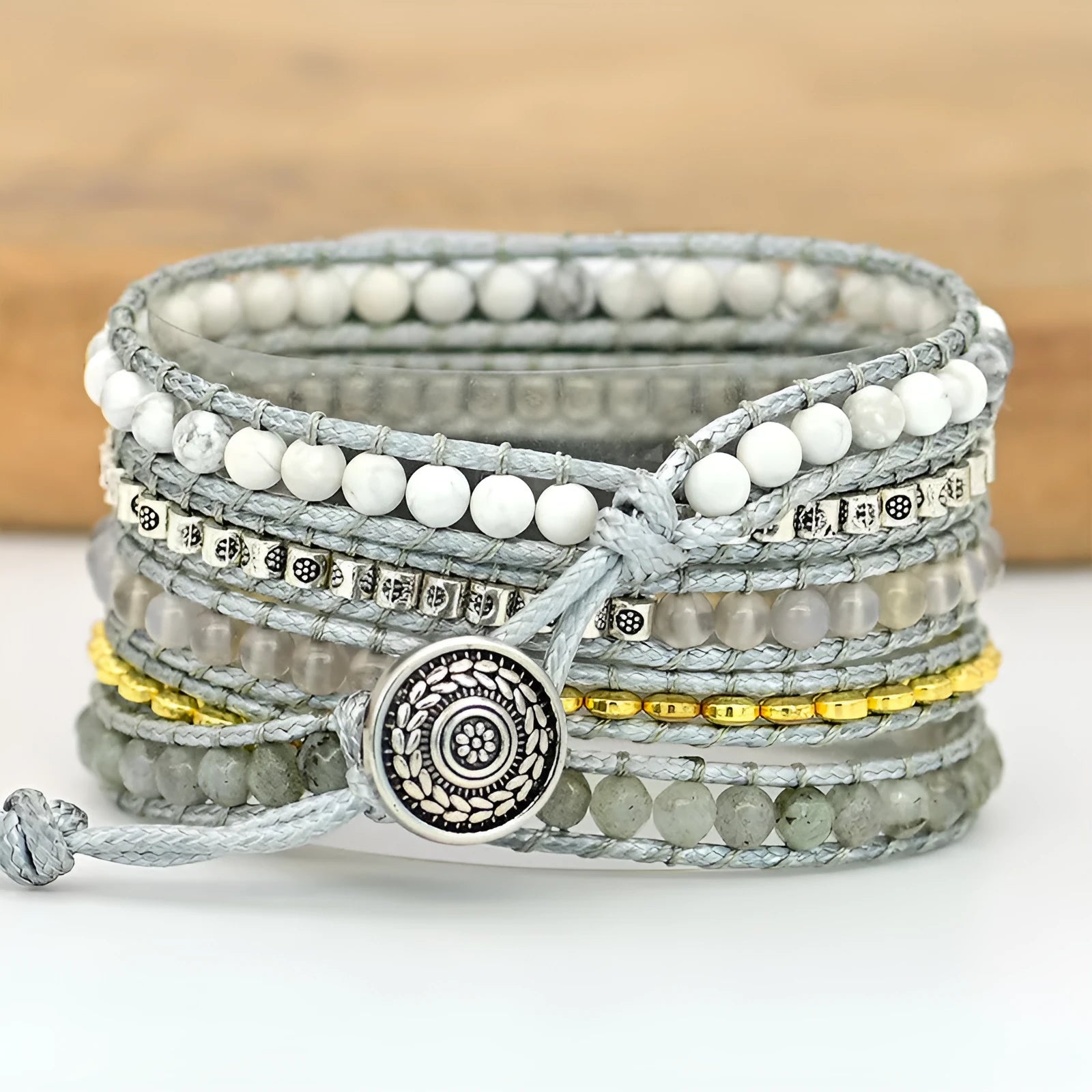 Natural stone beaded crystal watch band in bohemian style with three size options for 5.5 to 8.1 inch wrists