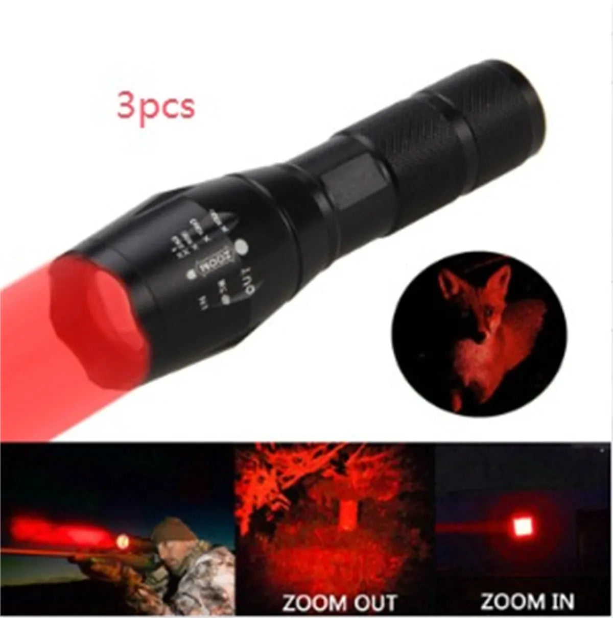 Black aluminium zoomable LED flashlight with adjustable focus ring and anti-skid body.
