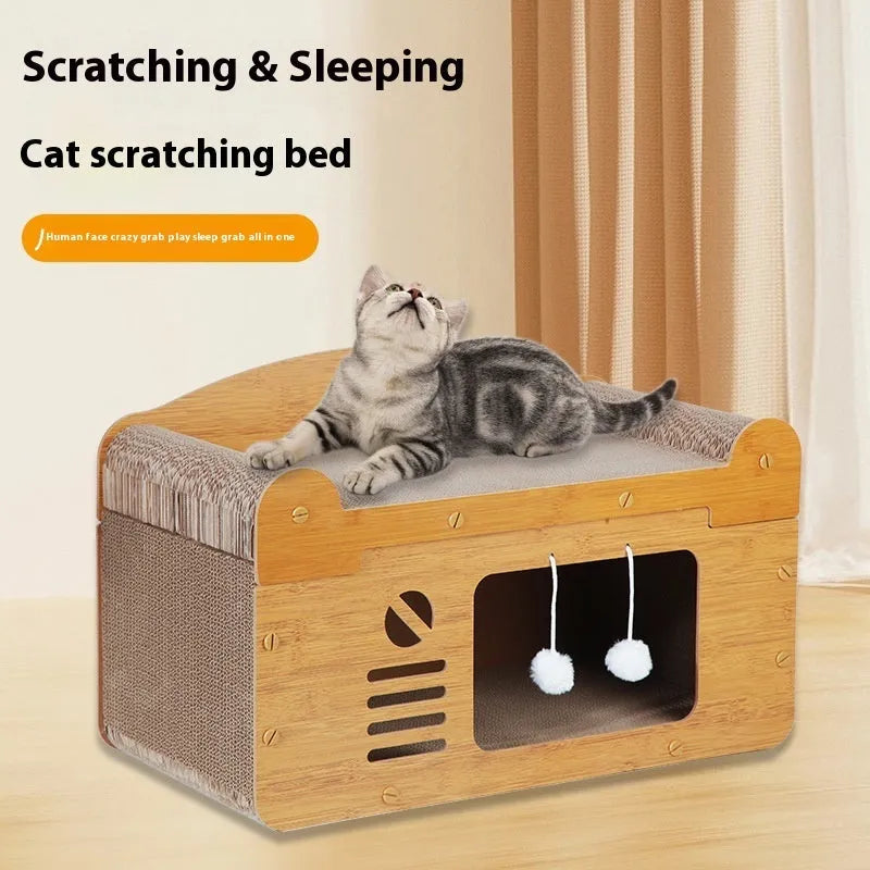Corrugated paper double layer cat house with double ball double door design for indoor cats