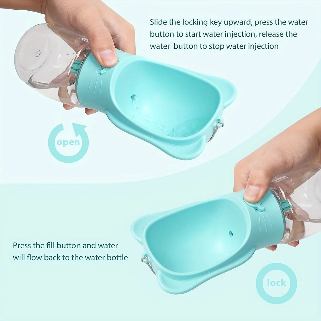 2-in-1 portable dog water bottle with food container, leak-proof, 350ml, green, on hiking trail