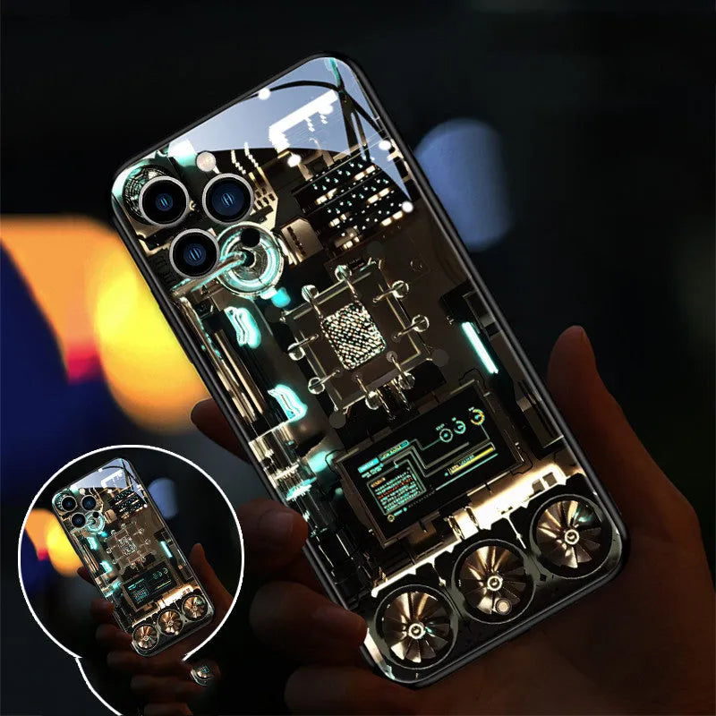 Xpress 14 iPhone case with illuminated diamond-grid pattern lighting up on a dark background.