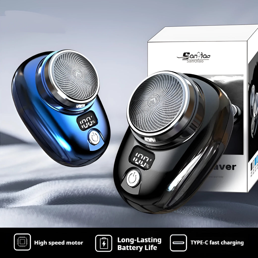 Mini portable men's shaver with digital power display in silver colour