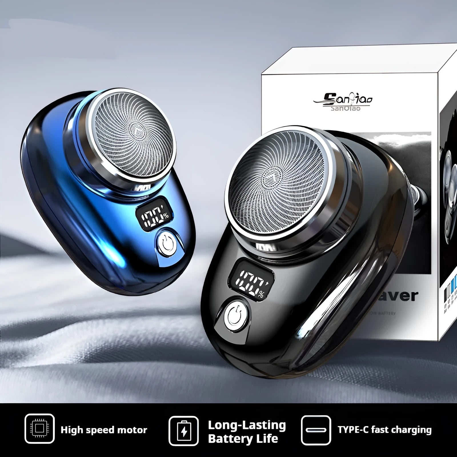 Mini portable men's shaver with digital power display in silver colour