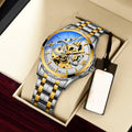 men's mechanical watch with hollow luminous dial and alloy case on black leather strap