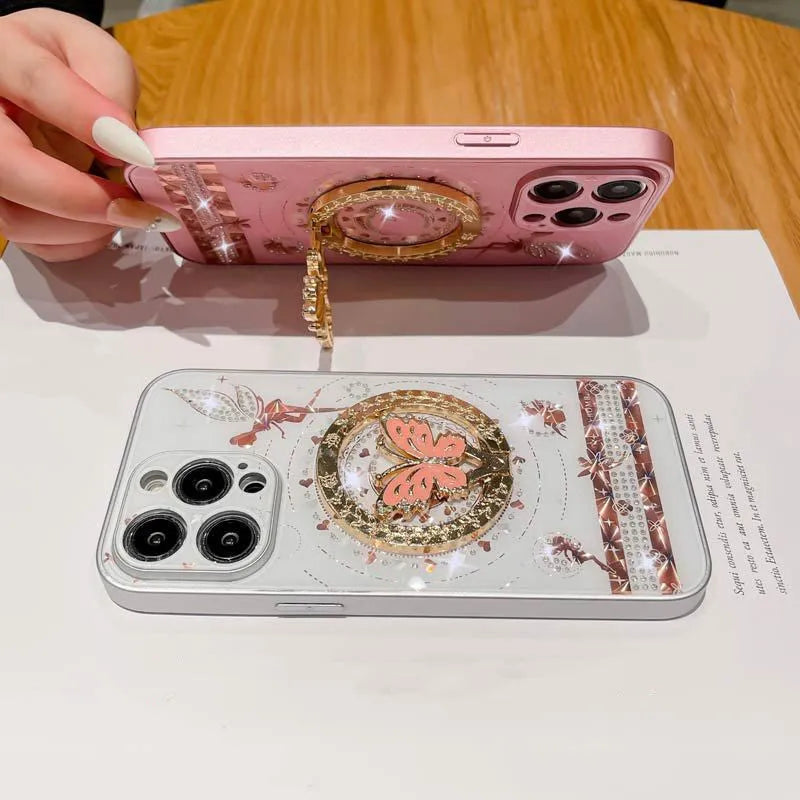 Butterfly fairy diamond magnetic phone case in pink, white, or rose gold for iPhone 11 to 15 Pro Max, with rhinestone bow and TPU PC shell