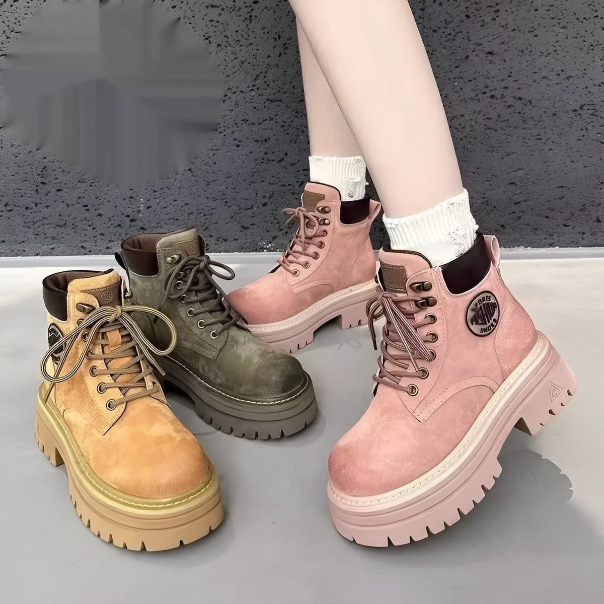 Retro-style cowhide Martin boots in pink and yellow, mid heel, lace-up, round toe, sizes 35-40