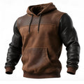 Men's retro brown hooded sweatshirt with decorative perforated detail, thin suede-style pullover, long sleeves, sizes S to XXXL