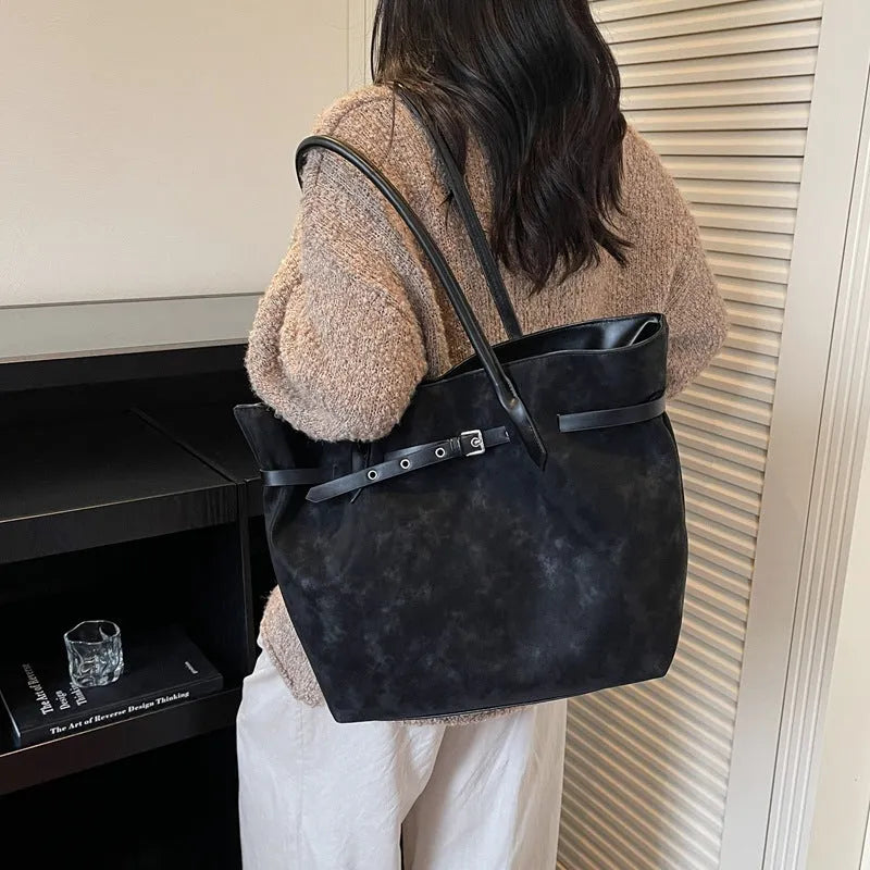 Retro deerskin velvet large tote bag for women, 46x15x31cm, black with sandwich pocket