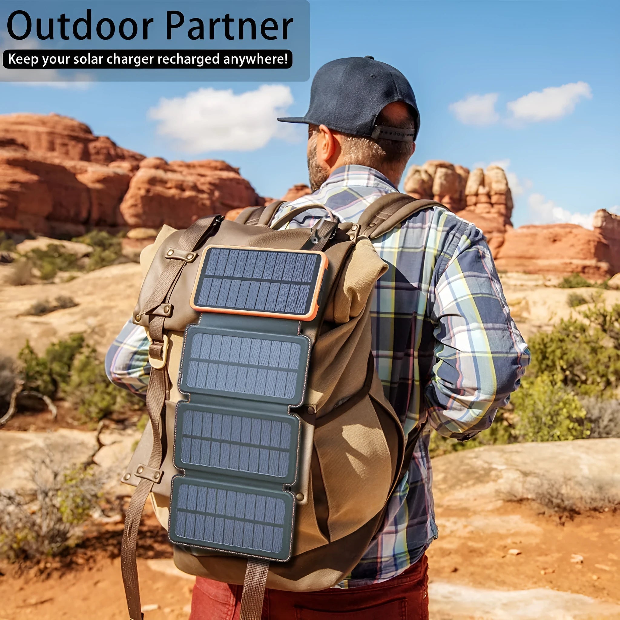 Black outdoor solar power bank with a solar panel, LED light, and soft leather finish, shown with a charging cable.
