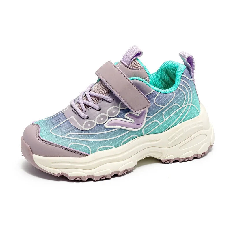 Children's black and purple striped lace-up sports shoes with mesh fabric upper and rubber sole