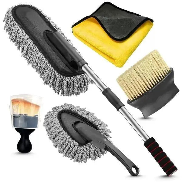 Car dust collector with retractable handle and 5-piece microfiber dusting brush set for car and home cleaning