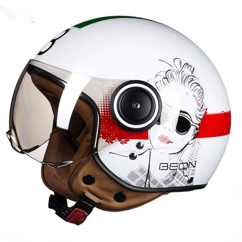 Retro battery car half helmet in ABS plastic showing colour options including bright blue red and matte black orange