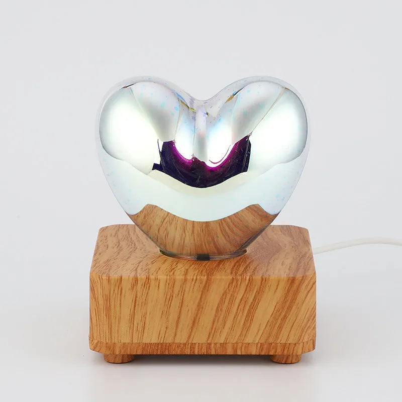 3D love glass small night lamp silver colour USB powered with electroplated glass and wood base 73x84mm