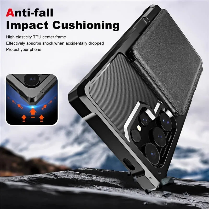 Black Samsung phone case with card slot and kickstand, made of PU and TPU, full cover drop-resistant.