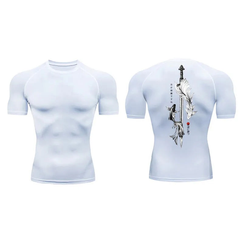 Men's loose fit short sleeve T-shirt featuring a sword pattern print on the front.