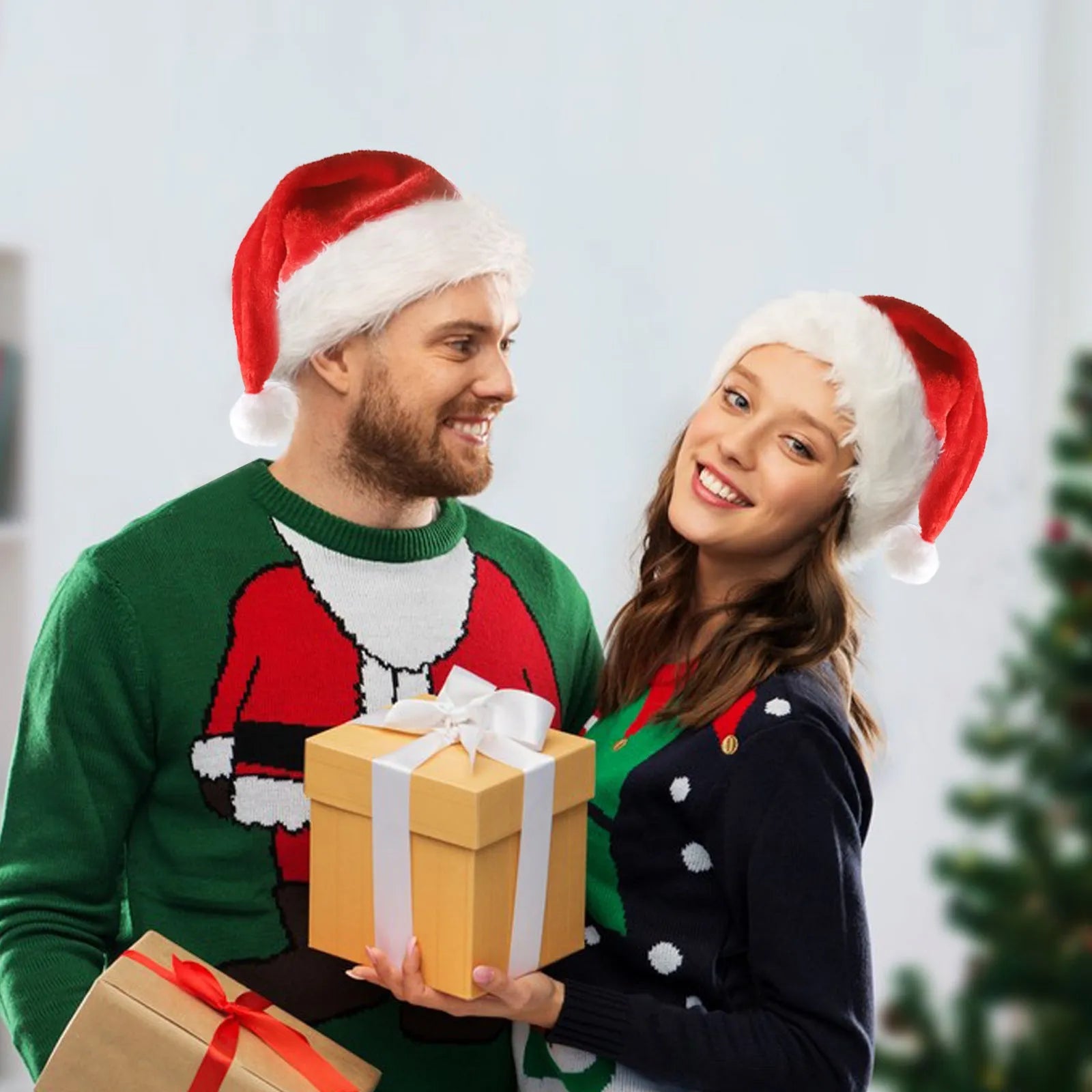 Red and white plush Santa hat with twinkling LED lights glowing in Christmas colours
