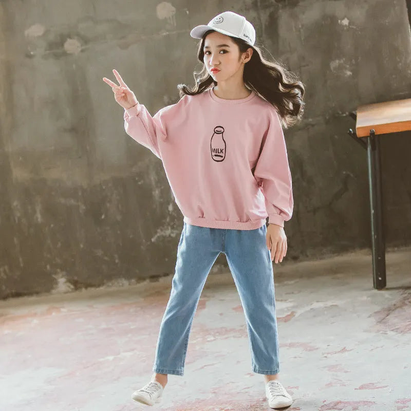 Girls' beer print top and jeans suit in white, long sleeves, Korean style, size 110-160cm