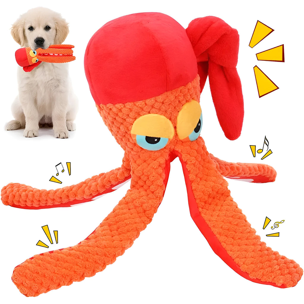 Orange squeaky octopus plush dog toy with creased paper, 180x100x300mm, 153g, for chewing and teeth grinding