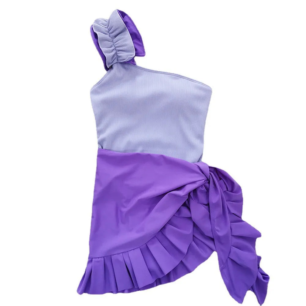 Single-shoulder high-waist one-piece swimsuit for women in solid colour