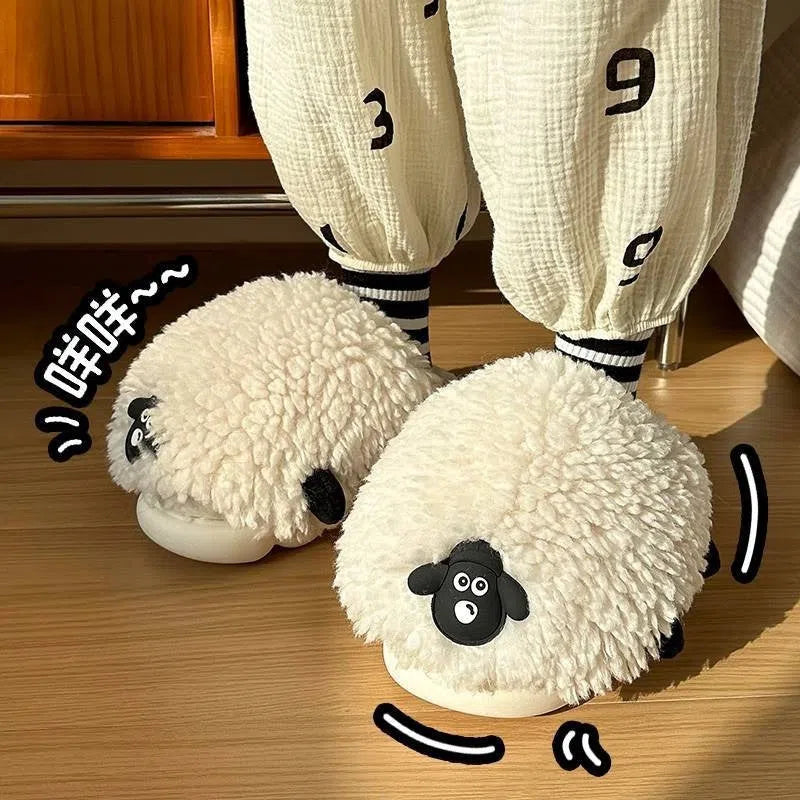 Women's winter cartoon sheepskin cotton slippers with wool lining and PVC non-slip outsole, black and white sheep design