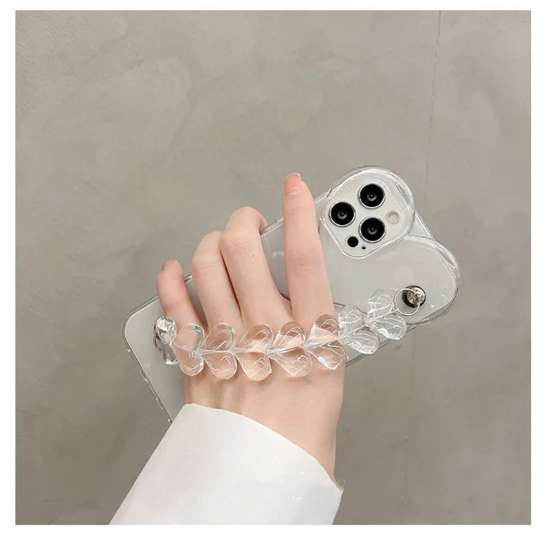 Transparent iPhone case with love heart chain bracelet design on soft TPU material