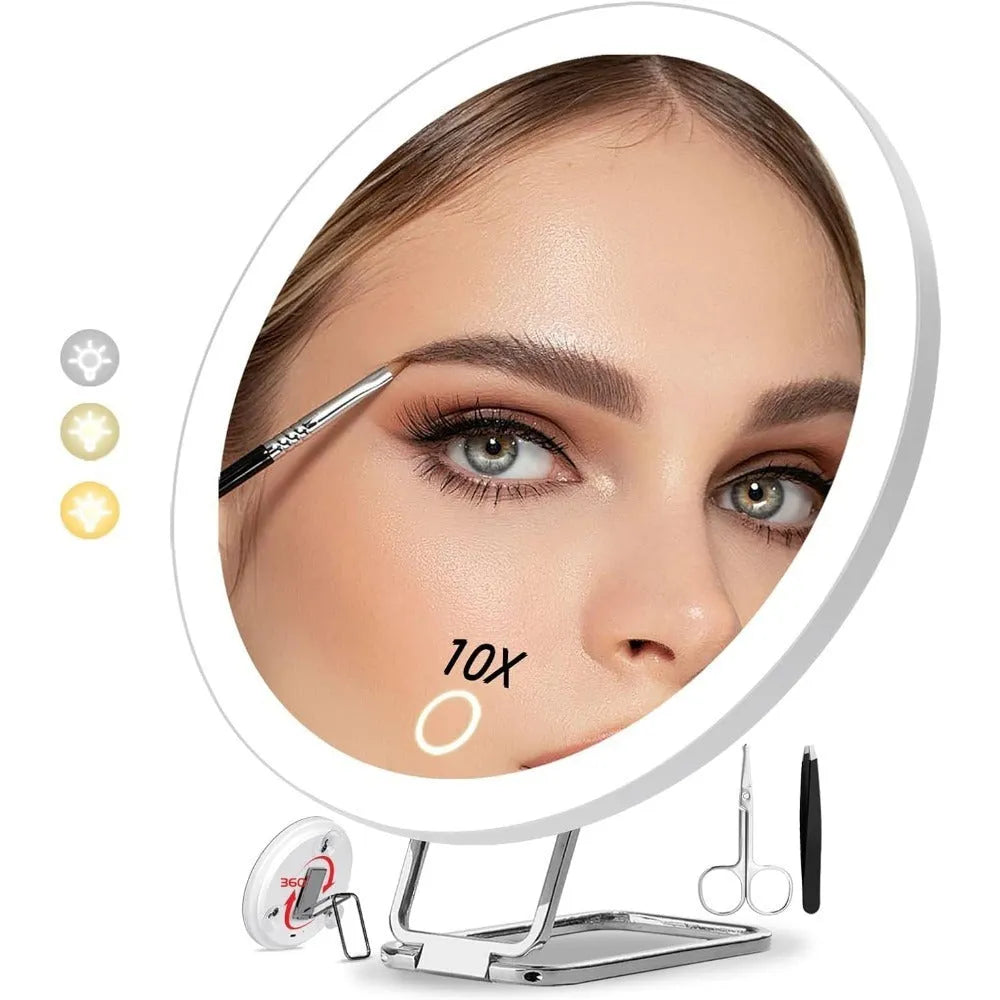 Charging LED fill light makeup mirror with rotating bracket stand tweezers and scissors in white