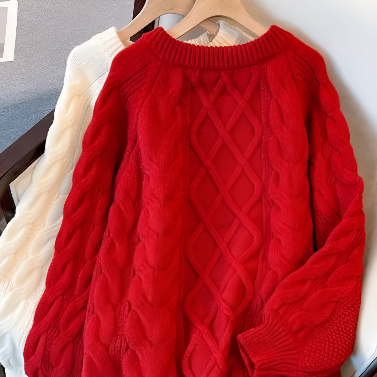 Japanese loose casual women's knitted sweater in red or beige, sizes S to XXL
