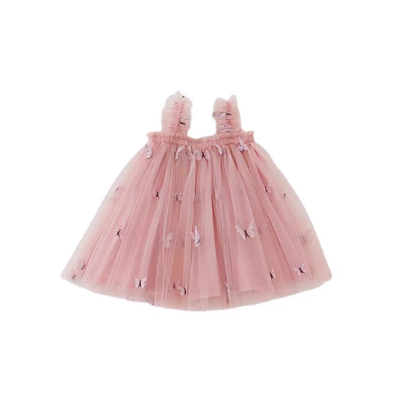 Butterfly embroidery mesh girls' braces skirt in nude pink, with cotton lining and sling straps