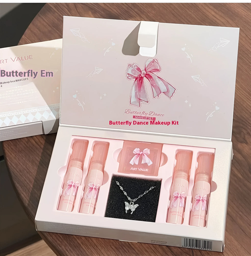 Butterfly Box makeup set with four matte lip muds, powder blusher compact, and necklace.