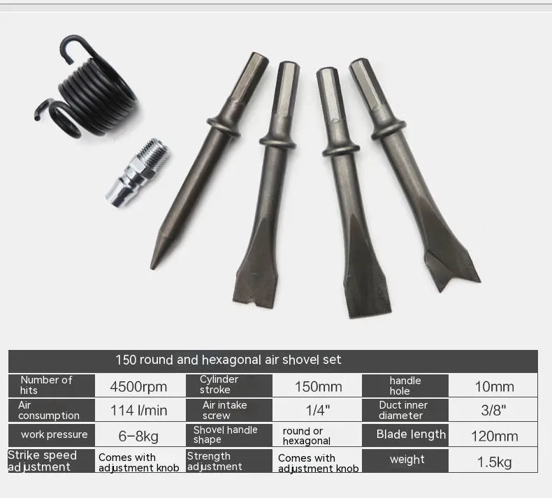 150mm long steel air hammer chisel head for rust removal and brake pad work.