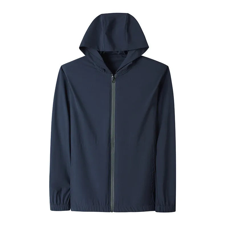 Korean loose hooded sun-protective clothing suit in grey, blue, or black.