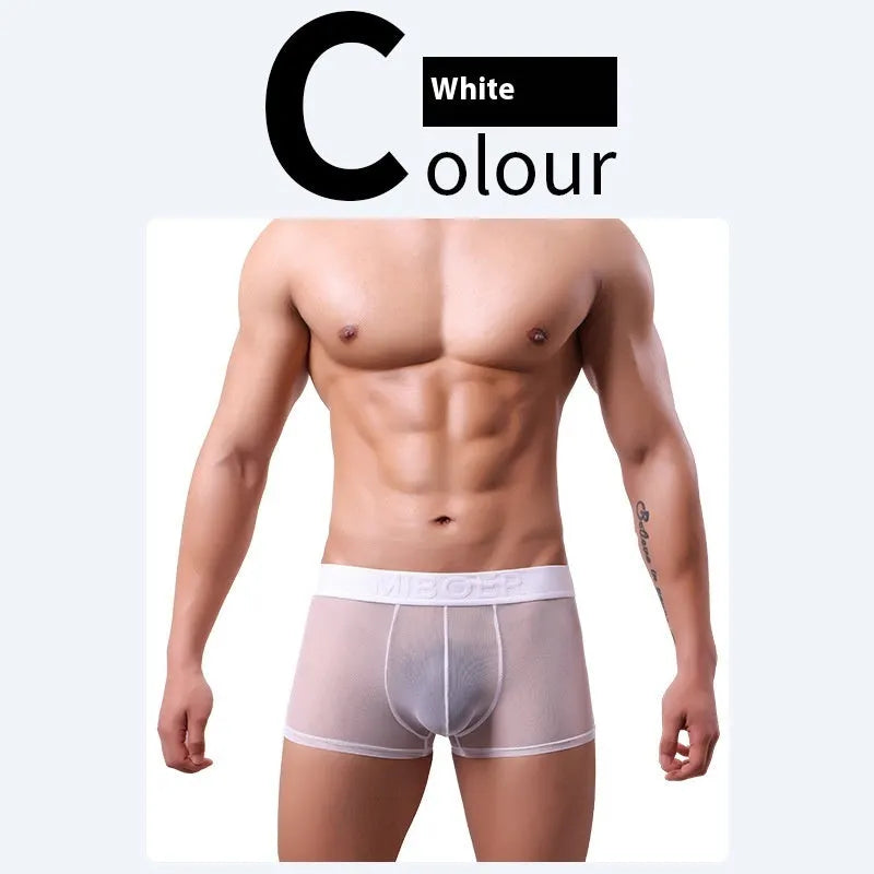 Men's solid colour thin boxer shorts in quick-dry polyester fabric on a size chart