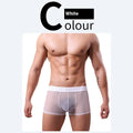 Men's solid colour thin boxer shorts in quick-dry polyester fabric on a size chart