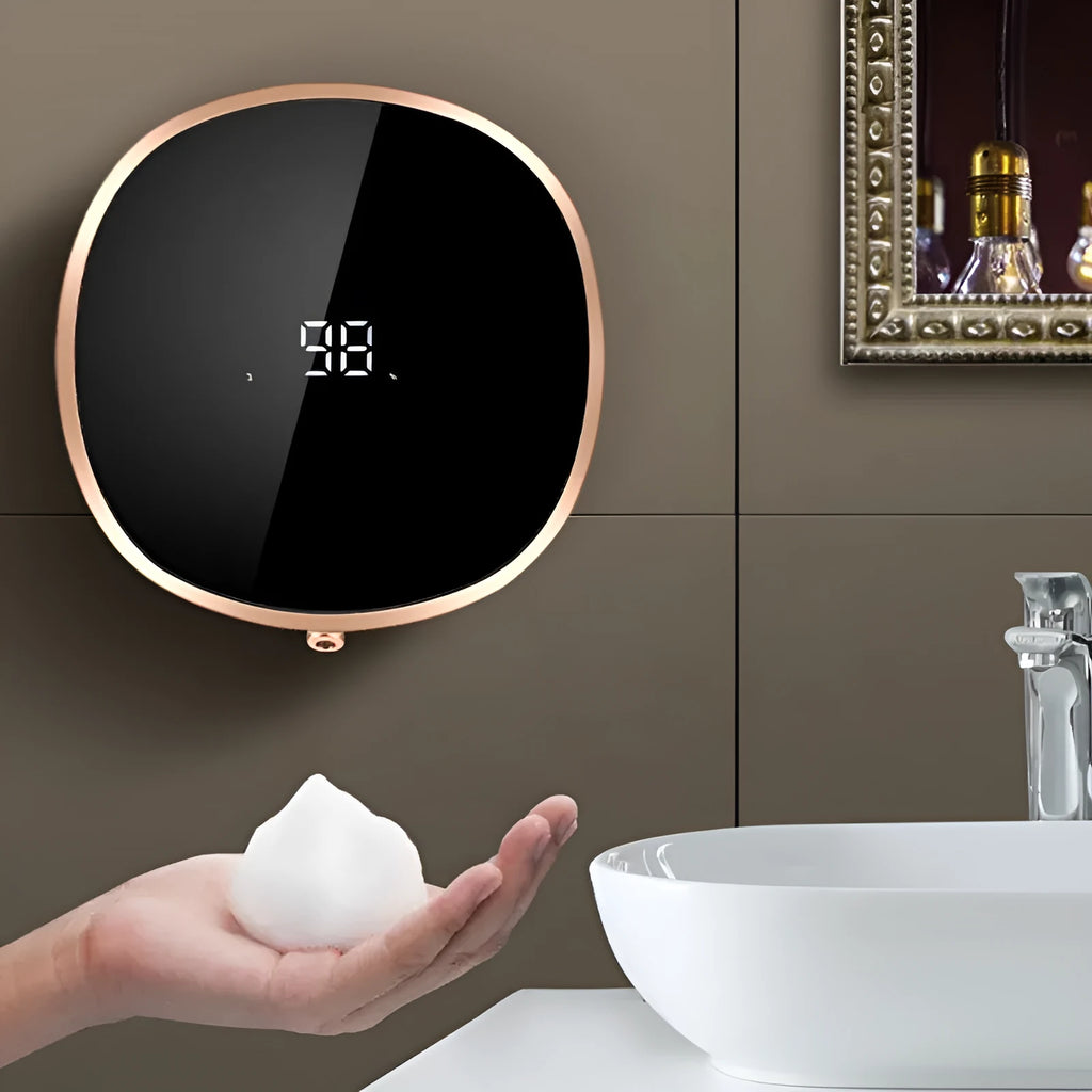 White automatic soap dispenser with infrared sensor showing liquid foam dispensing