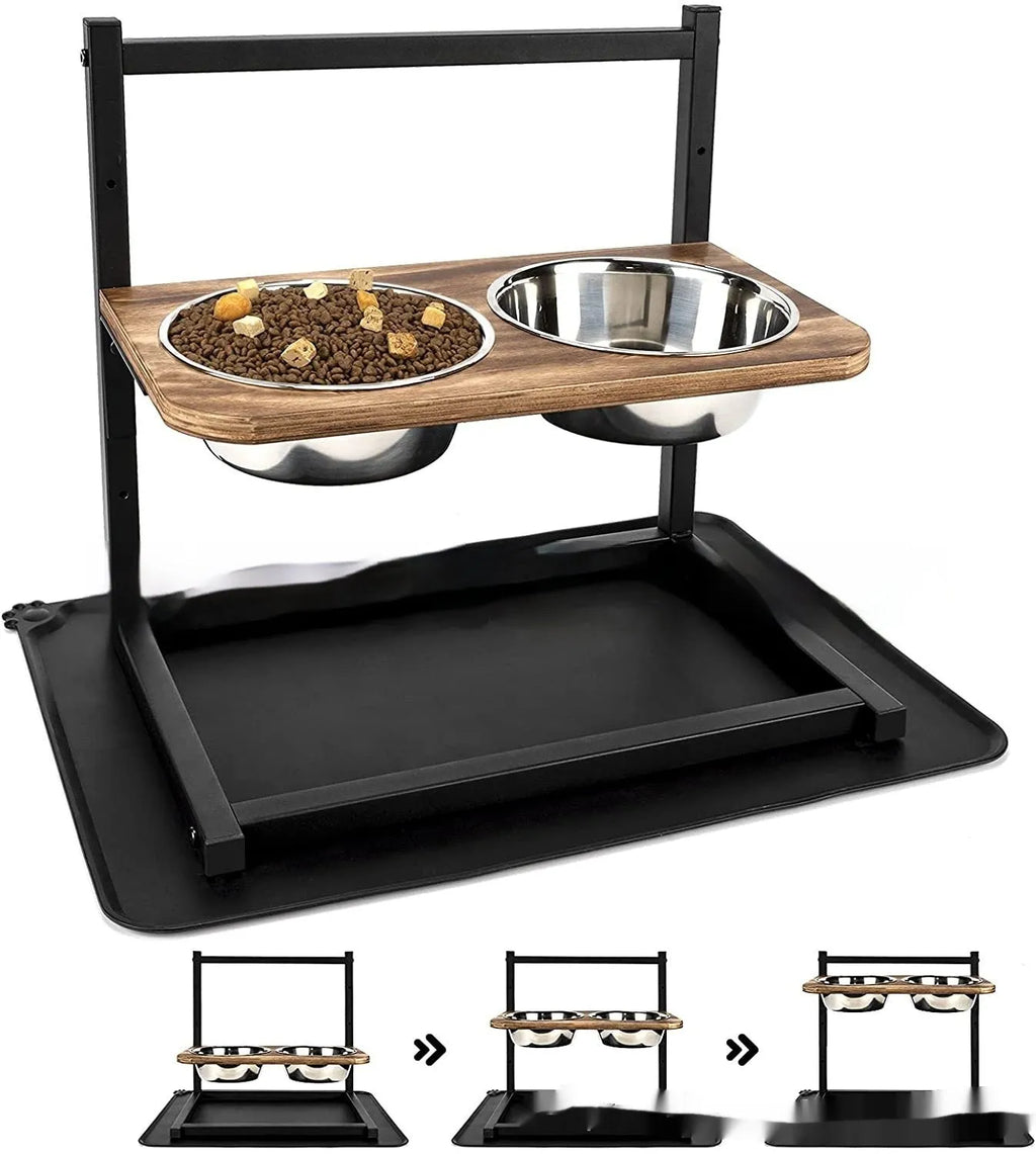 Black iron pet bowl rack with three adjustable slots for dog feeding dishes