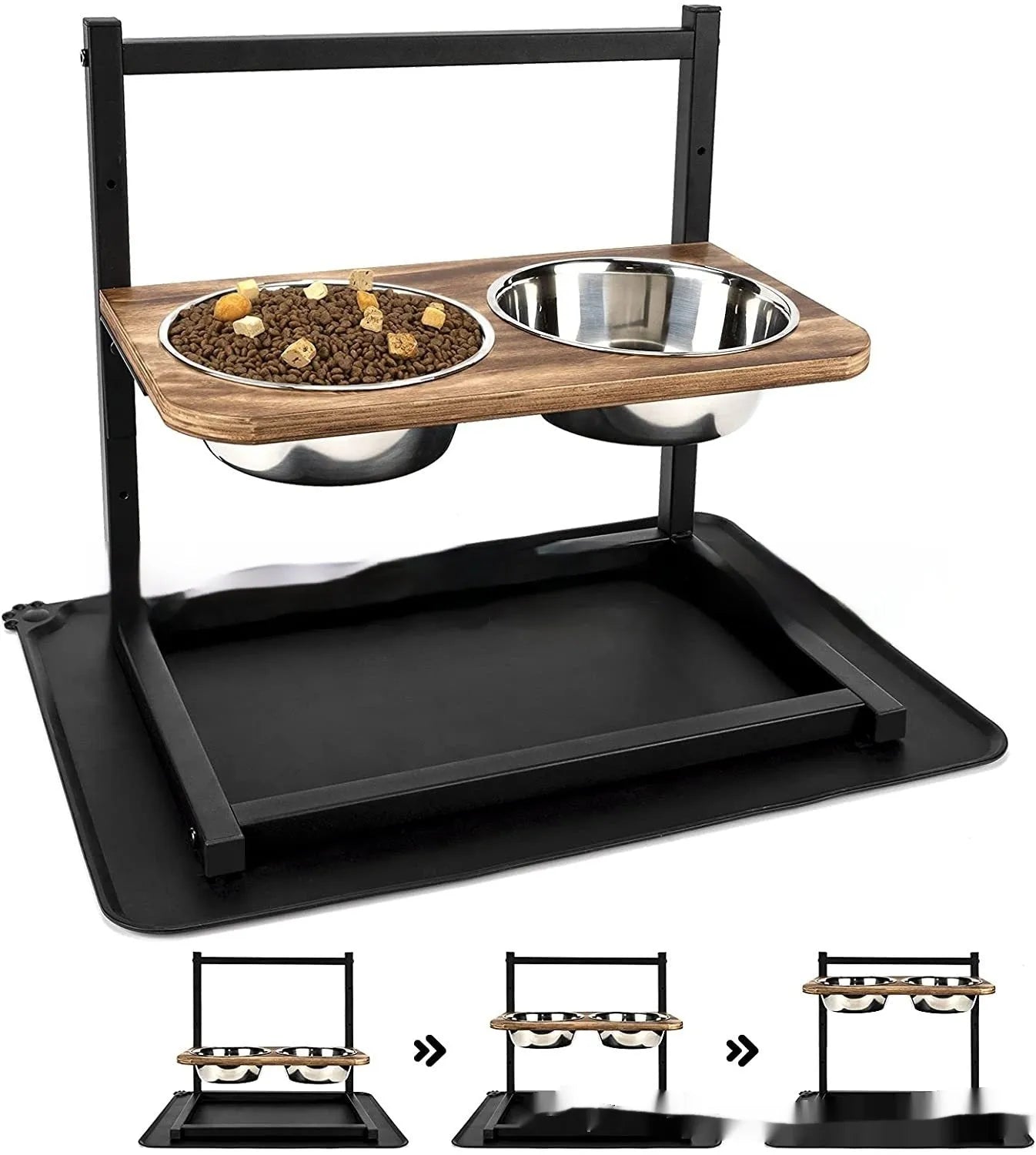 Black iron pet bowl rack with three adjustable slots for dog feeding dishes