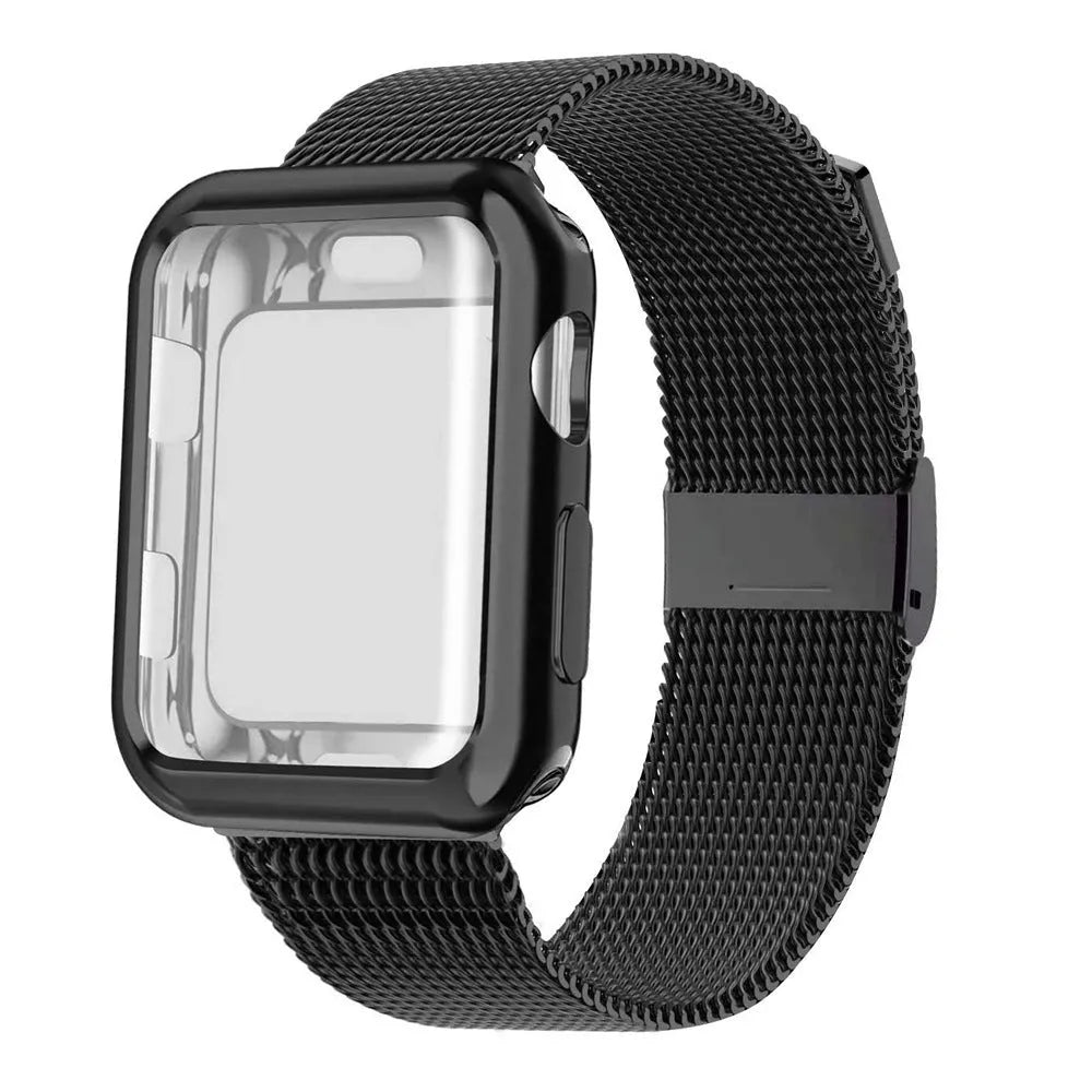 Apple Watch with magnetic Milanese loop metal strap in silver, showing adjustable magnetic clasp.