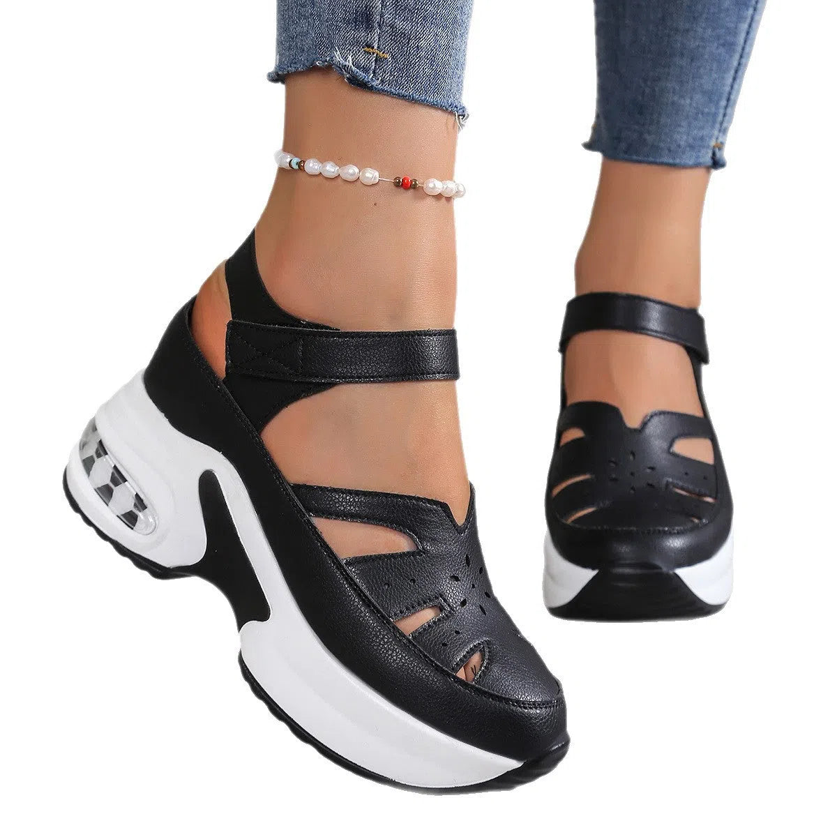 Women's black platform hollow-out sandals with hook-and-loop closure and round toe, PU upper