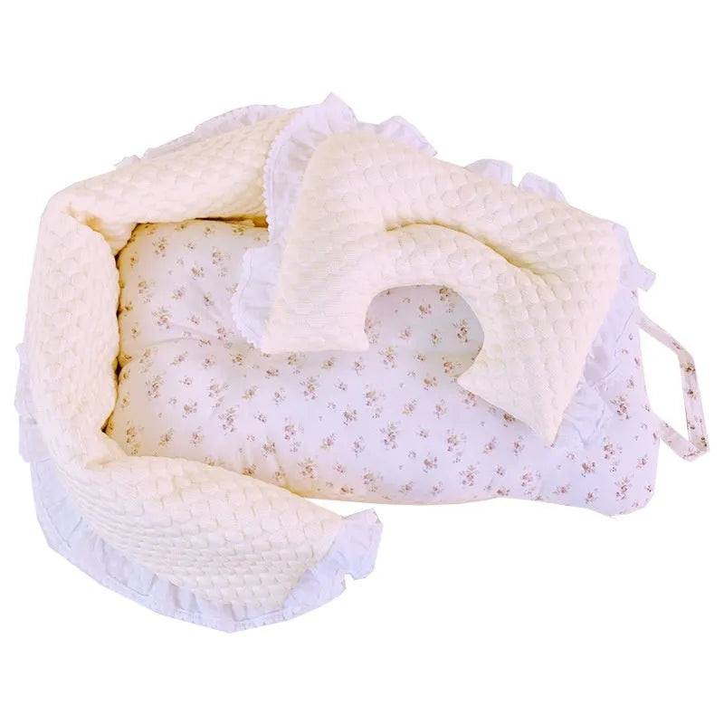 Pure cotton pet stroller pad set showing anti-dirty towel, cushion, and pillow in a blue green apple pattern.