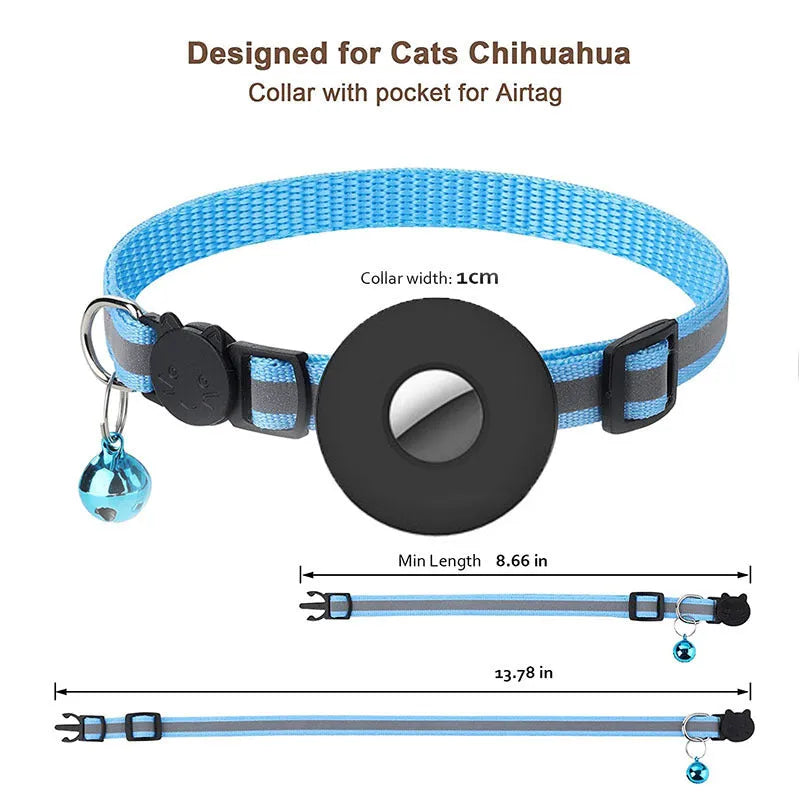 Reflective Airtag pet collar with bell on a small cat, adjustable 22-35 cm nylon with safety buckle