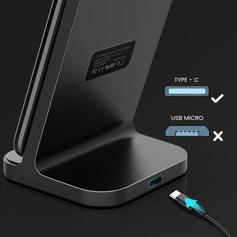 Dark grey vertical wireless charging stand for Apple phones on desktop