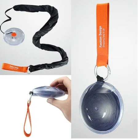 Disc folding portable shopping bag in red unfolded showing 33x40x10cm size with compact 10.5cm disc beside it